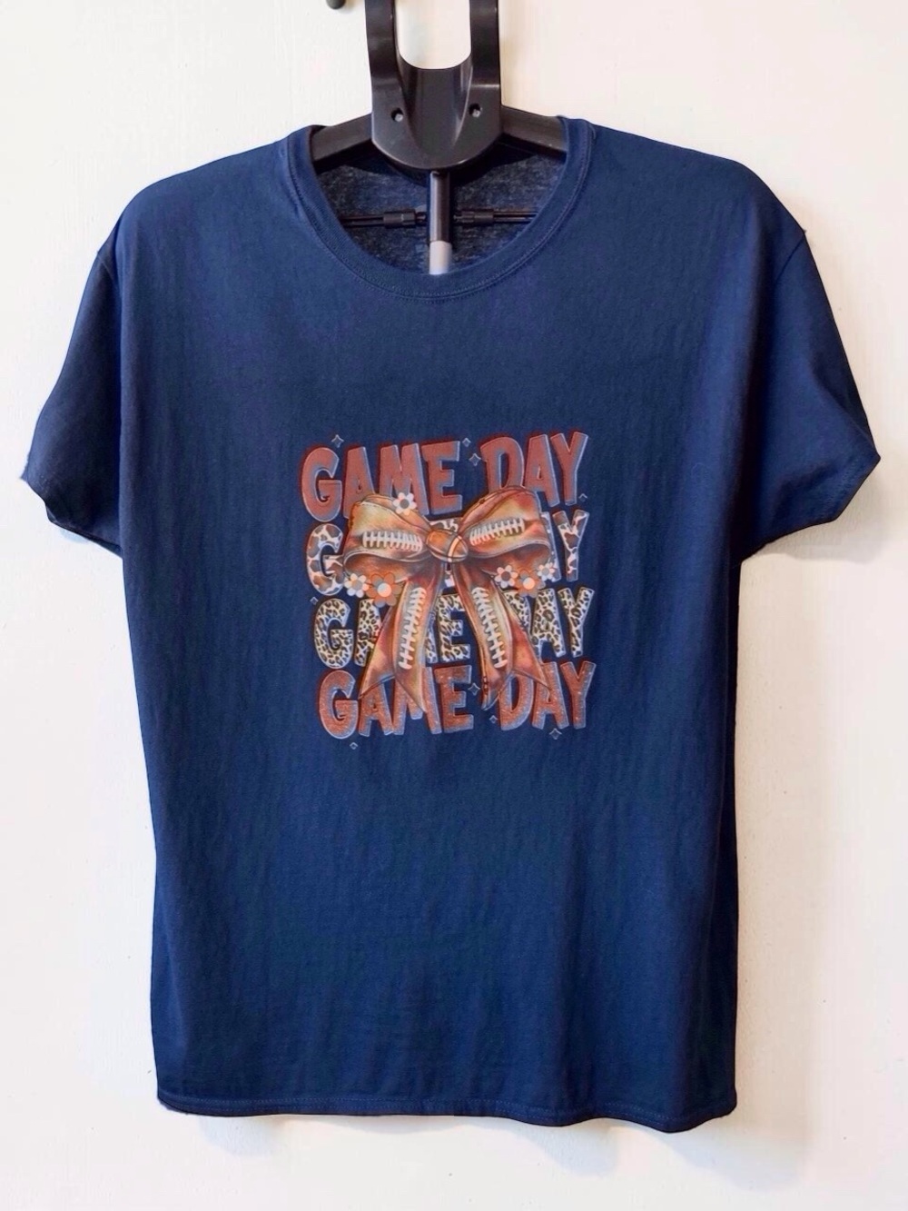 Game Day Football Bow Graphic Tee Navy Blue Large